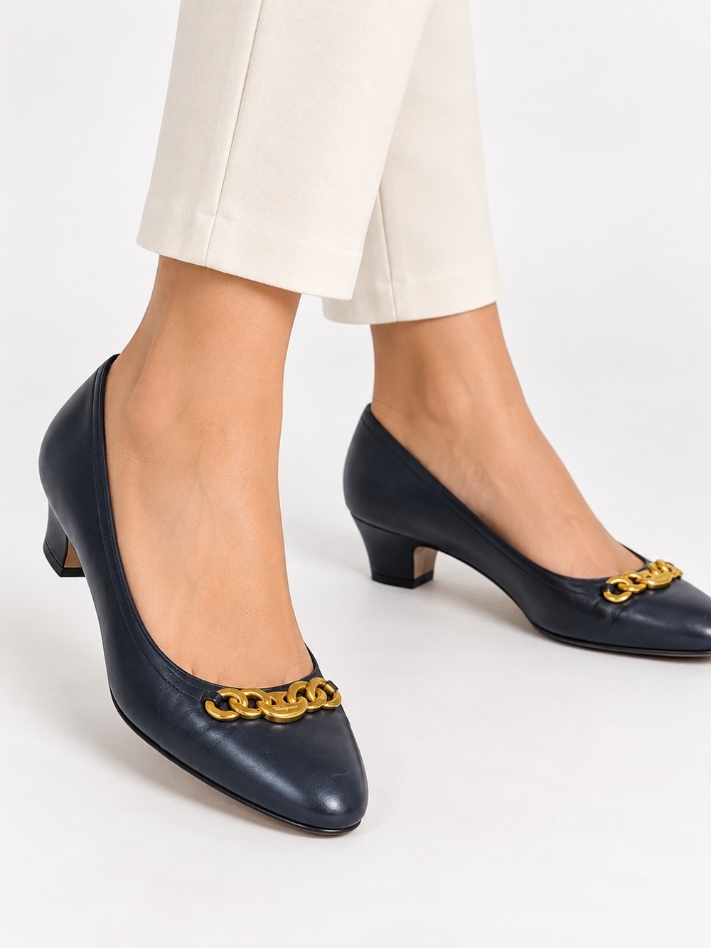 Salvatore Ferragamo Black Leather Low Heel Pumps with Gold Chain size 8AA